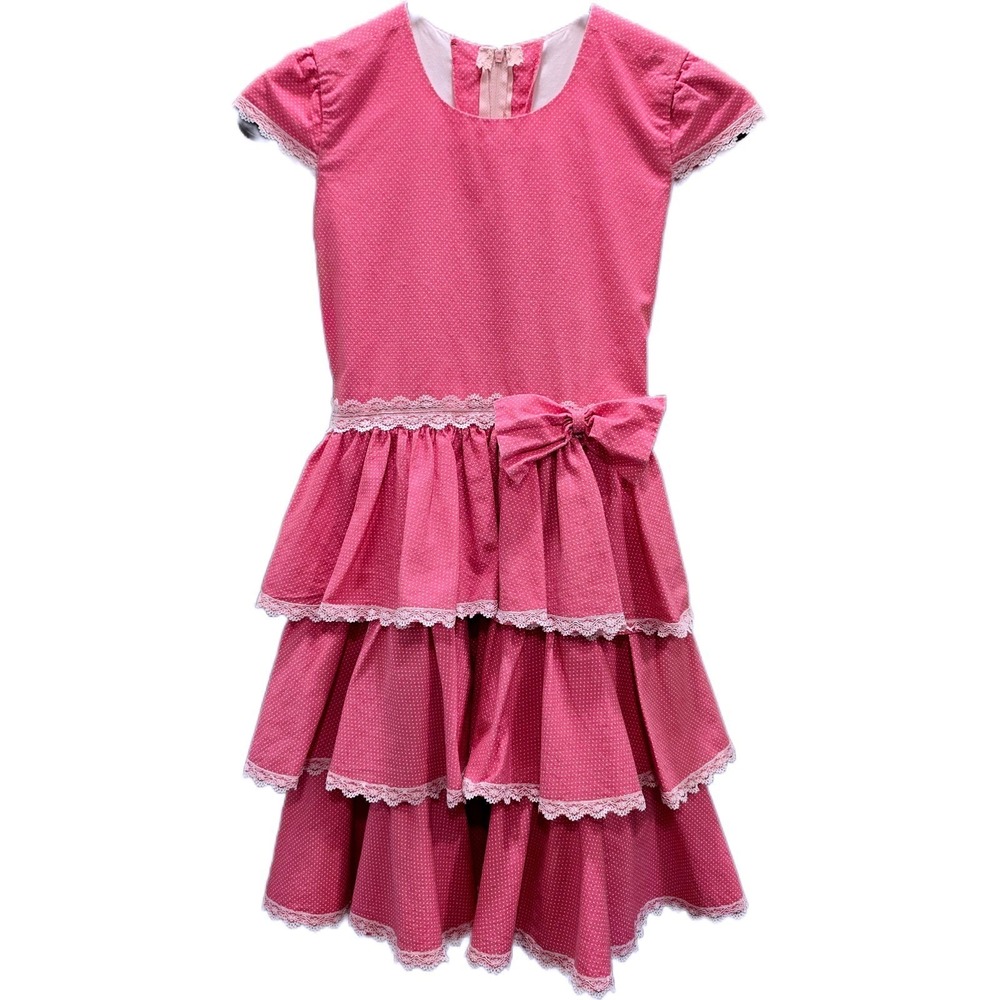 VTG 70s Handmade Girls Pink Polka Dot Tiered Ruffle Fit Flare Prairie Dress 8 10